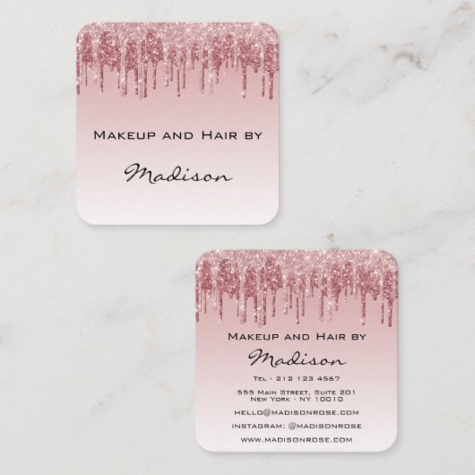 Glam roze roze roodbruine glitter druppelt artiest vierkante visitekaartje (Voorkant / Achterkant)