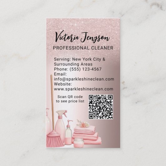 Glam Roze Schoonmaakservice Huishoudelijke QR-code Visitekaartje (Voorkant)