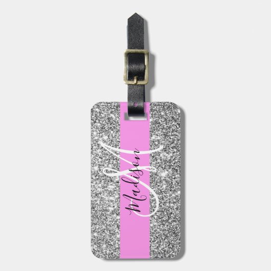 Glam Roze & Silver Glitter Sparkles Monogram Bagagelabel (Voorkant verticaal)
