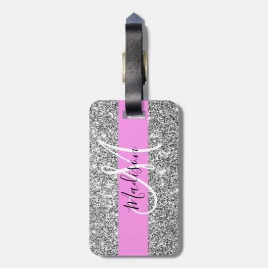 Glam Roze & Silver Glitter Sparkles Monogram Bagagelabel (Achterkant verticaal)