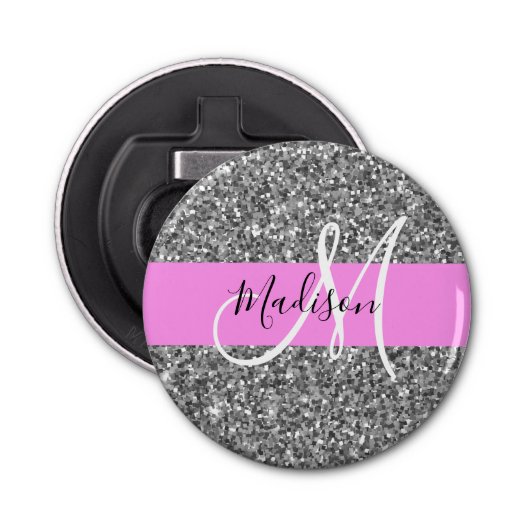 Glam Roze & Silver Glitter Sparkles Monogram Button Flesopener (Voorkant)