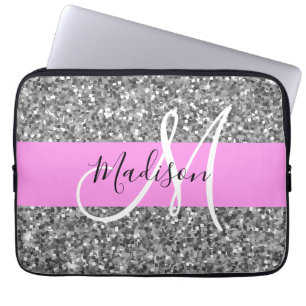 Glam Roze & Silver Glitter Sparkles Monogram Laptop Sleeve