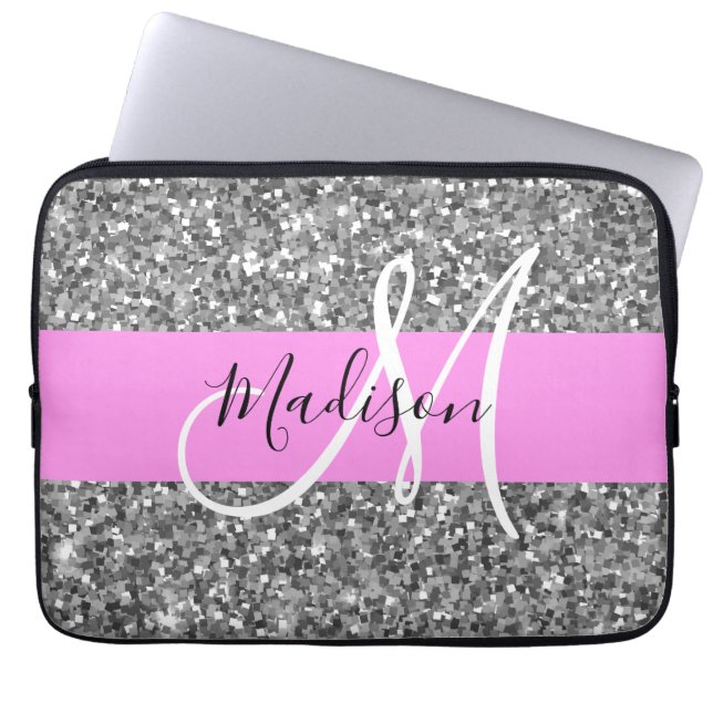 Glam Roze & Silver Glitter Sparkles Monogram Laptop Sleeve (Voorkant)