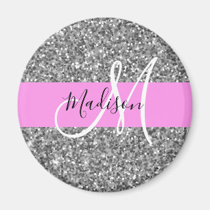 Glam Roze & Silver Glitter Sparkles Monogram Magneet