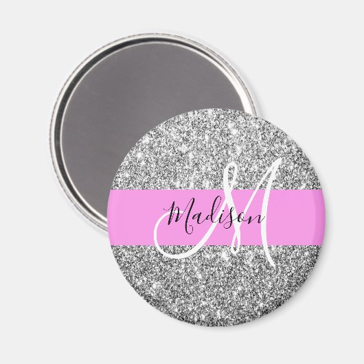 Glam Roze & Silver Glitter Sparkles Monogram Magneet (Voorkant / Achterkant)