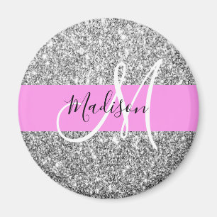 Glam Roze & Silver Glitter Sparkles Monogram Magneet