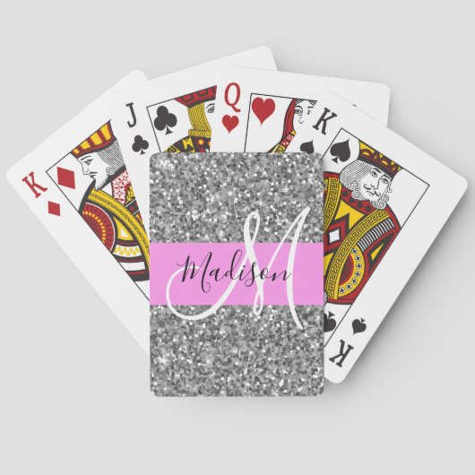 Glam Roze & Silver Glitter Sparkles Monogram Pokerkaarten (Achterkant)