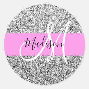 Glam Roze & Silver Glitter Sparkles Monogram Ronde Sticker