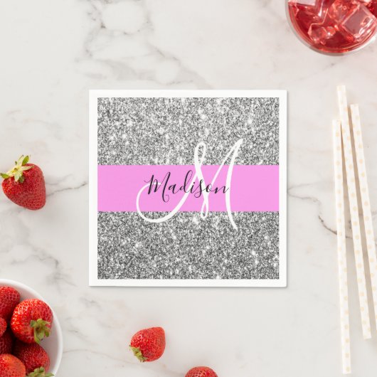 Glam Roze & Silver Glitter Sparkles Monogram Servet (Insitu)