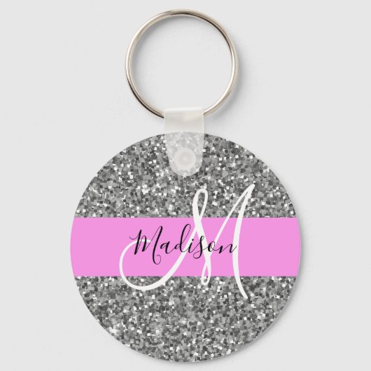 Glam Roze & Silver Glitter Sparkles Monogram Sleutelhanger (Voorkant)