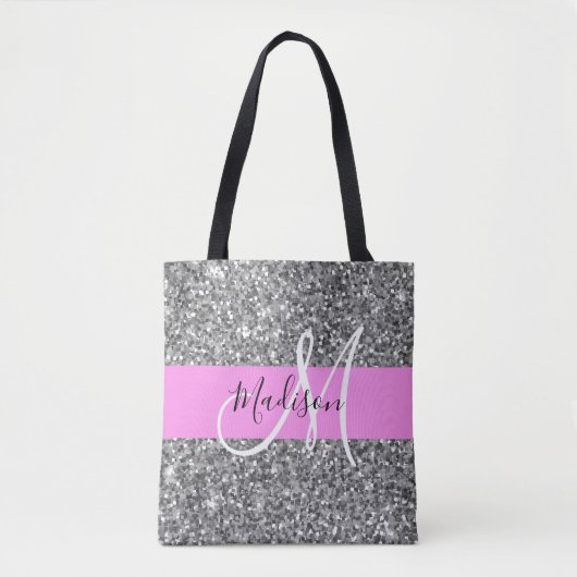 Glam Roze & Silver Glitter Sparkles Monogram Tote Bag (Voorkant)