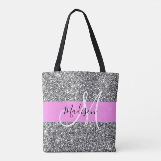 Glam Roze & Silver Glitter Sparkles Monogram Tote Bag (Achterkant)