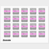 Glam Roze & Silver Glitter Sparkles Monogram Vierkante Sticker (Vel)