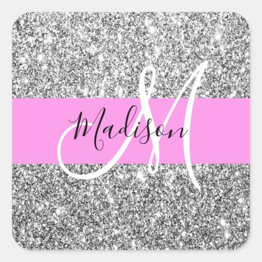 Glam Roze & Silver Glitter Sparkles Monogram Vierkante Sticker (Voorkant)