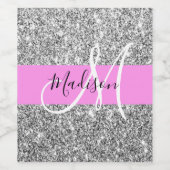 Glam Roze & Silver Glitter Sparkles Monogram Wijn Etiket (Enkel label)