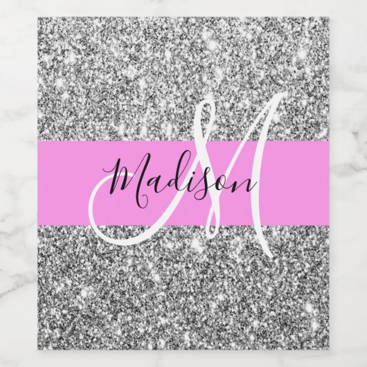 Glam Roze & Silver Glitter Sparkles Monogram Wijn Etiket (Enkel label)