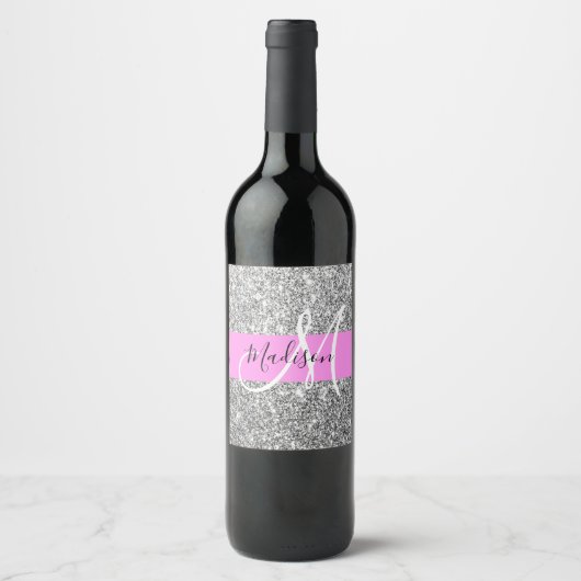 Glam Roze & Silver Glitter Sparkles Monogram Wijn Etiket (Voorkant)