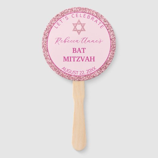 Glam Roze Trendy Meisje Foto Bat Mitswa Party Handwaaier (Voorkant)