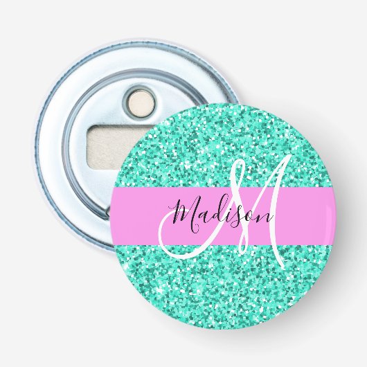 Glam Roze Turquoise Glitters Glans Monogram Naam Button Flesopener (Voorkant)