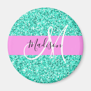 Glam Roze Turquoise Glitters Glans Monogram Naam Magneet
