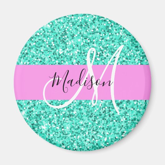 Glam Roze Turquoise Glitters Glans Monogram Naam Magneet (Voorkant)