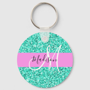 Glam Roze Turquoise Glitters Glans Monogram Naam Sleutelhanger