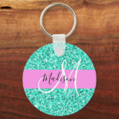 Glam Roze Turquoise Glitters Glans Monogram Naam Sleutelhanger (Voorkant)