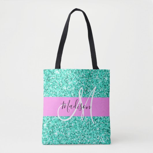 Glam Roze Turquoise Glitters Glans Monogram Naam Tote Bag (Voorkant)
