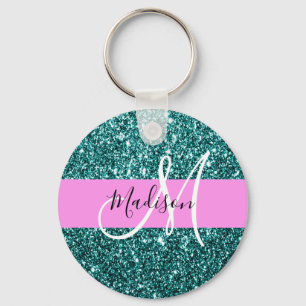 Glam Roze Turquoise Groen Glitter Fonkel Naam Mono Sleutelhanger