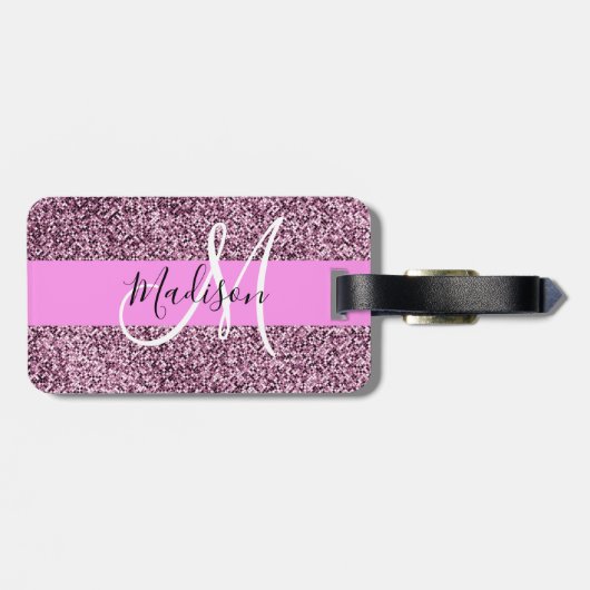 Glam Roze & Violet Glitter Sparkles Monogram Bagagelabel (Achterkant horizontaal)