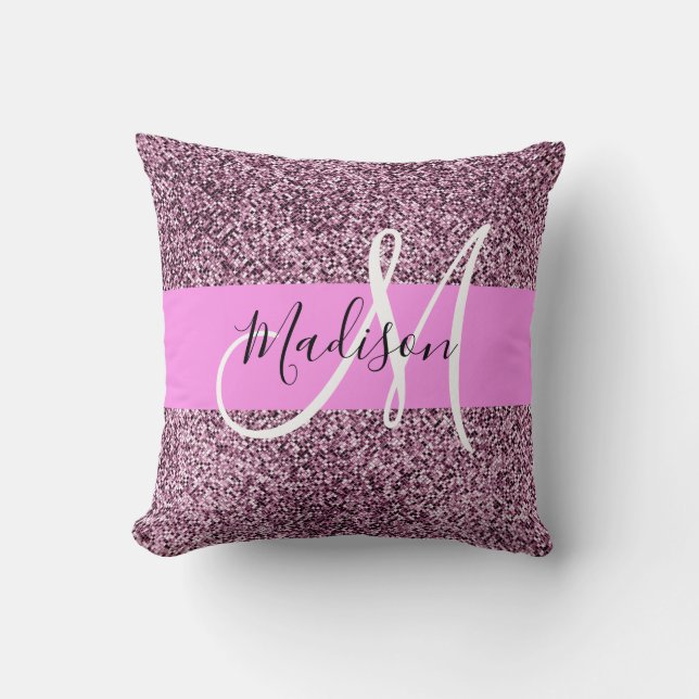 Glam Roze & Violet Glitter Sparkles Monogram Kussen (Voorkant)