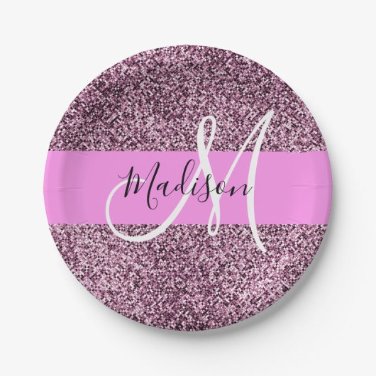 Glam Roze & Violet Glitter Sparkles Monogram Papieren Bordje (Voorkant)