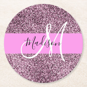 Glam Roze & Violet Glitter Sparkles Monogram Ronde Kartonnen Onderzetter