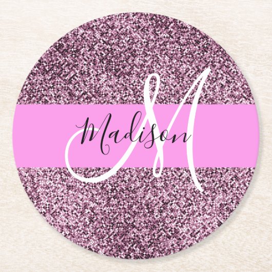 Glam Roze & Violet Glitter Sparkles Monogram Ronde Kartonnen Onderzetter (Voorkant)