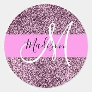 Glam Roze & Violet Glitter Sparkles Monogram Ronde Sticker
