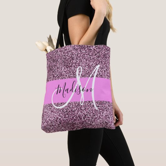 Glam Roze & Violet Glitter Sparkles Monogram Tote Bag (Dichtbij)
