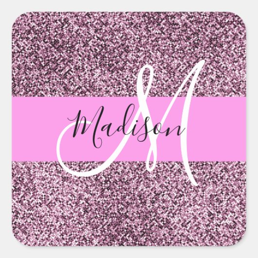 Glam Roze & Violet Glitter Sparkles Monogram Vierkante Sticker (Voorkant)