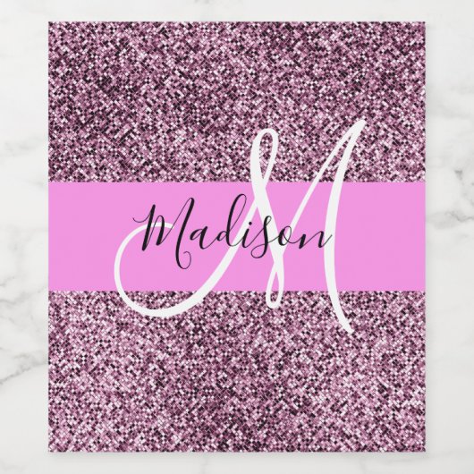 Glam Roze & Violet Glitter Sparkles Monogram Wijn Etiket (Enkel label)