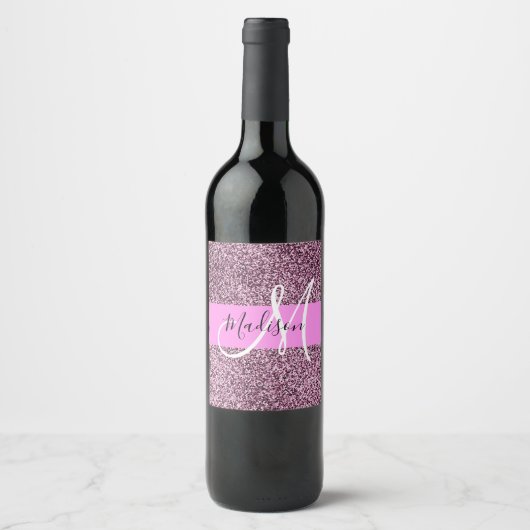 Glam Roze & Violet Glitter Sparkles Monogram Wijn Etiket (Voorkant)