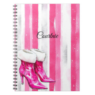 Glam Roze Witte Bont Hoge Hak Laarzen Notitieboek