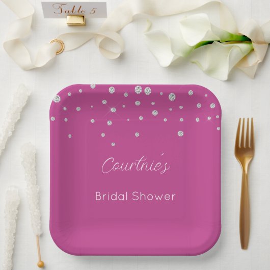 Glam Roze Witte Diamanten Bruids-Shower Papieren Bordje (Huwelijk)