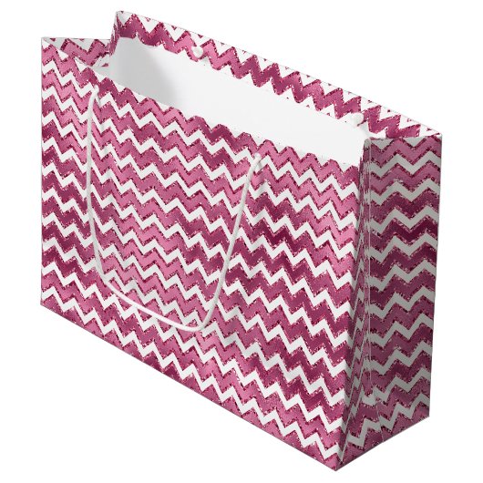 Glam Roze Witte Zigzag Stripes Groot Cadeauzakje (Voorkant Gekanteld)