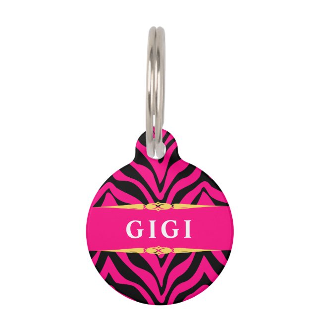 Glam Roze Zebraprint Persoonlijk Huisdierpenning (Voorkant)