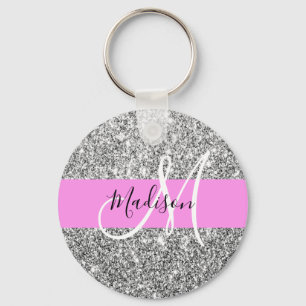 Glam roze & zilver glitter fonkelende monogram naa sleutelhanger