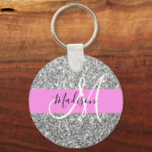 Glam roze & zilver glitter fonkelende monogram naa sleutelhanger (Voorkant)