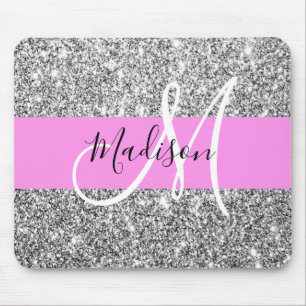 Glam Roze & Zilver Glitter Glans Monogram Naam Muismat