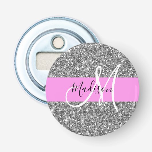 Glam roze & zilver glitter glinstering monogram na button flesopener (Voorkant)