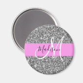 Glam roze & zilver glitter glinstering monogram na magneet (Voorkant / Achterkant)