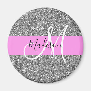 Glam roze & zilver glitter glinstering monogram na magneet