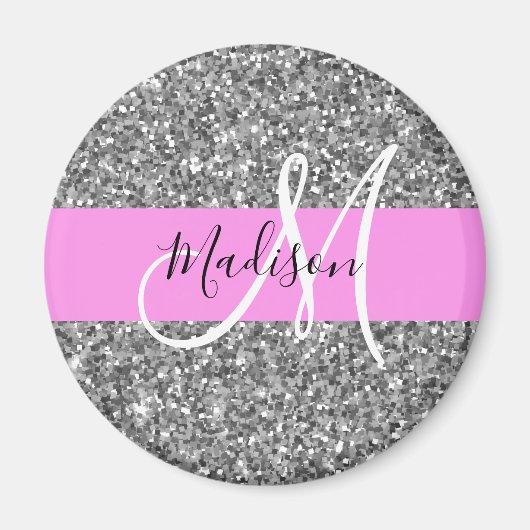 Glam roze & zilver glitter glinstering monogram na magneet (Voorkant)